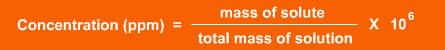 Concentration in parts per million is equal to mass of solute divided by total mass of solution and multiplying the resultant by 10 raise to the power 6.