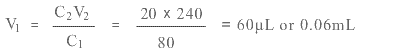 V1 = C2 times V2 divided by C1. Placing the values, this becomes 20 times 240 divided by 80. This is equal to 60 µL or 0.06 mL