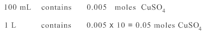 100 mL contains 0.005 moles of Copper Sulphate, 1 L contains 0.005 times 10 = 0.05 moles of Copper Sulphate