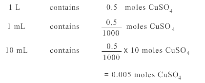 1L contains 0.5 moles of Copper Sulphate, 1 mL contains 0.5/1000 moles of Copper Sulphate and 10 mL contains 0.5/1000 times 10 moles of Copper Sulphate = 0.005 moles