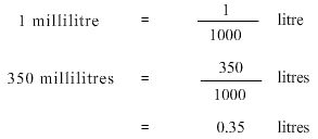 1 millilitre = 1 divided by 1000 litres, so 350 millilitres = 350 divided by 1000 litres which is equal to 0.35 litres