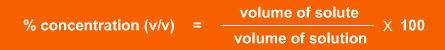 Percent concentration (v/v) is equal to volume of solute divided by volume of solution and multiplying the resultant by 100