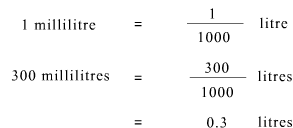 1 millilitre = 1 divided by 1000 litres, so 300 millilitres = 300 divided by 1000 litres which is equal to 0.3 litres