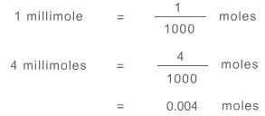 1 millimole  = 1 divided by 1000 moles, so 4 millimoles = 4 divided by 1000 moles which is equal to 0.004 moles